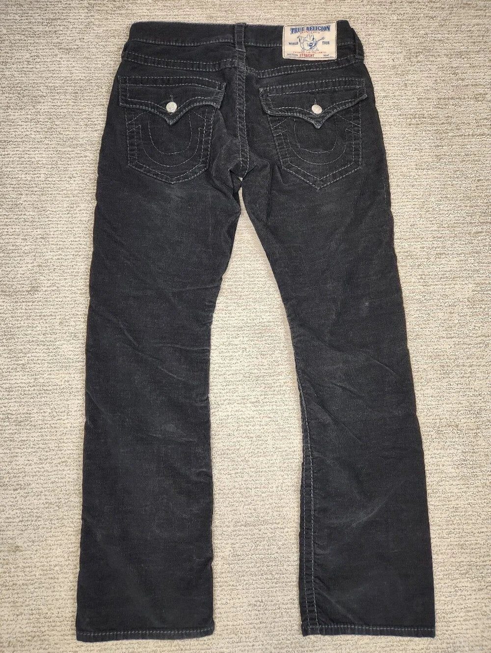 True Religion Corduroy Straight Pants Mens 32x34 Black Flap Pocket Thick Stitch